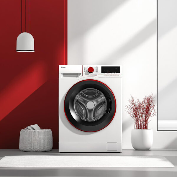 Bosch washing machine with maroon and white wall background