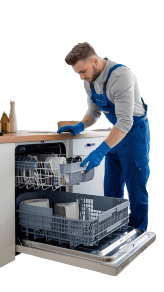 A technician cleaning washing machine in dubai