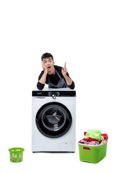 A man standing with a white washing machine