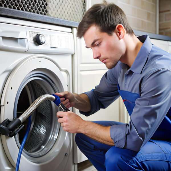 Technician repairing built in washing machine in dubai